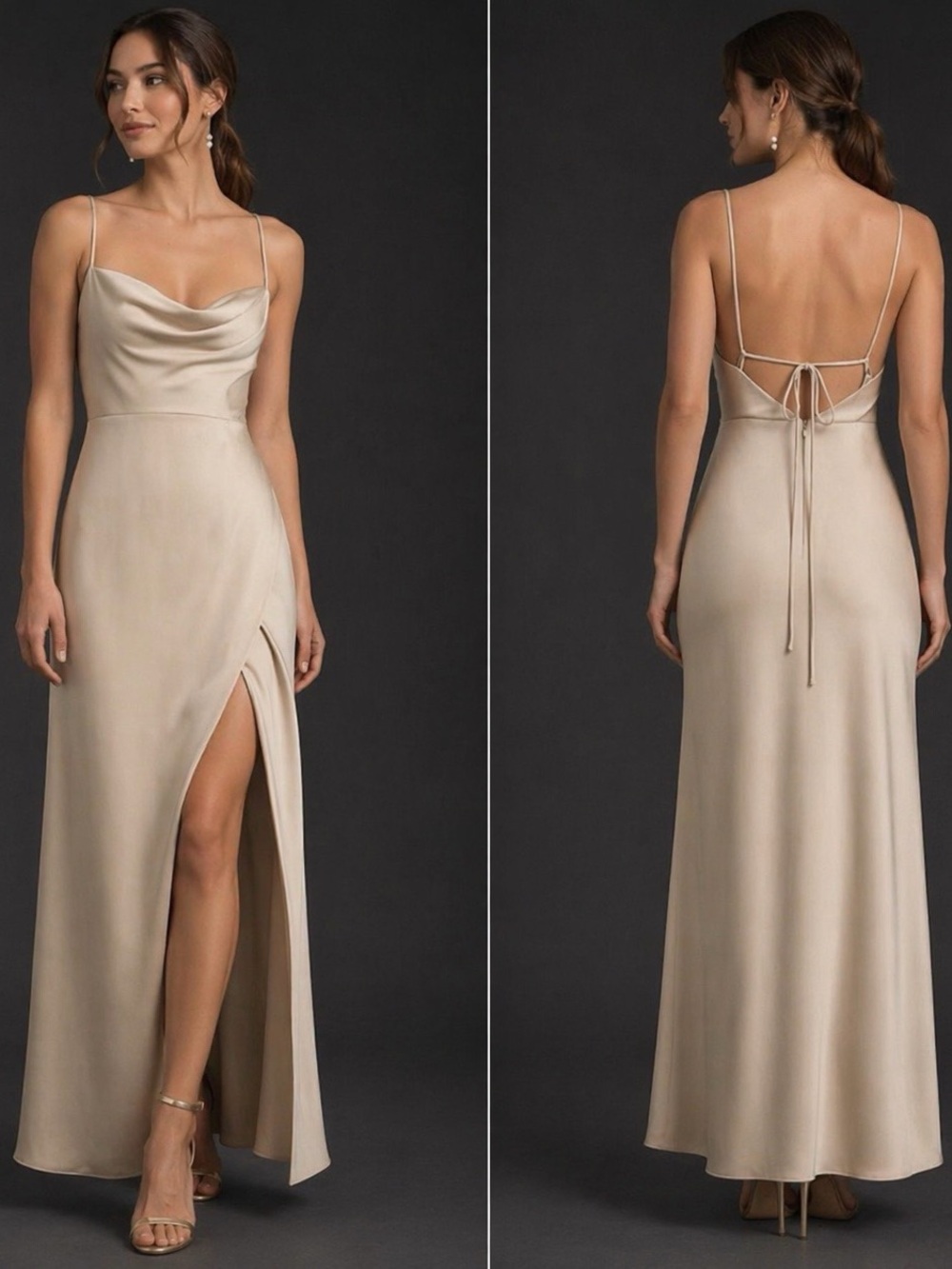 BHLDN Anthropology Remy Maxi Dress Cowl Neck Faux-Wrap Satin Gown Champagne